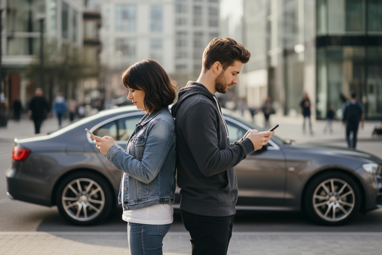 crea a una mujer y un hombre uno de espaldas al otro mirnado cada uno su movi y de fondo un coche